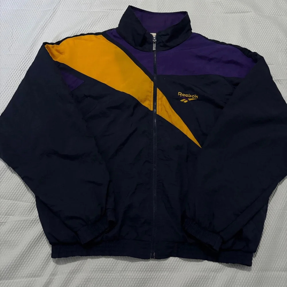 Vtg 90s Reebok Windbreaker Jacket Navy Purple Gold Colorblock Men Large‎ L